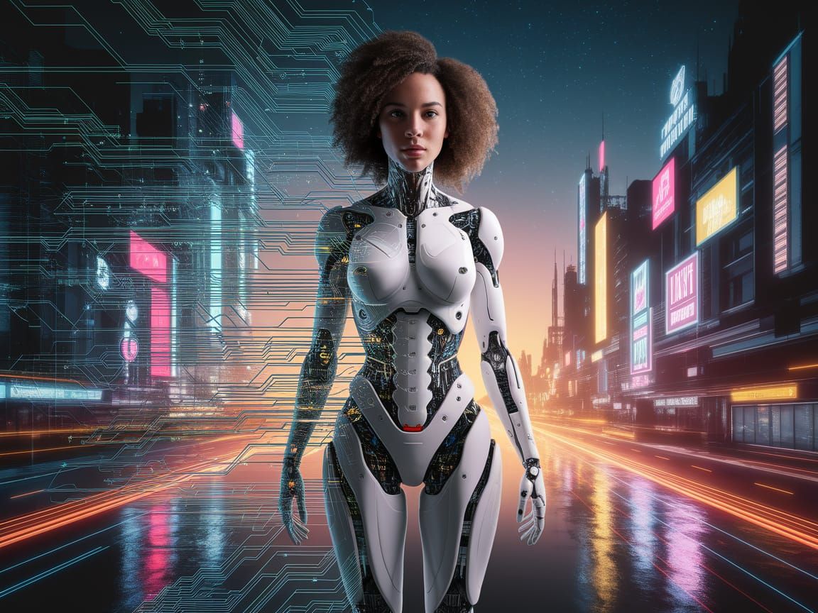 Cyborg in Cyberpunk Cityscape with Multiple Exposure Effects