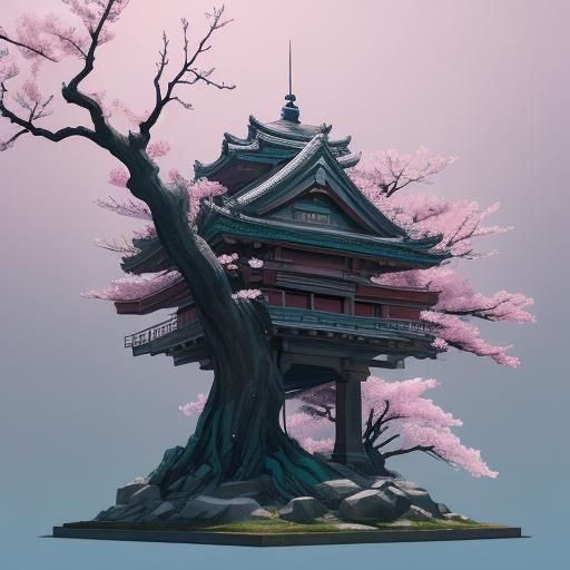 Crystal Sakura Branch in Ancient Ruins, Ukiyo-e Style