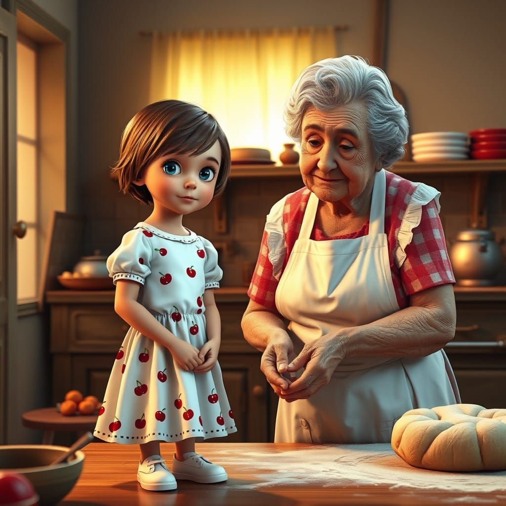 Whimsical Girl and Grandmother in Golden Kitchen