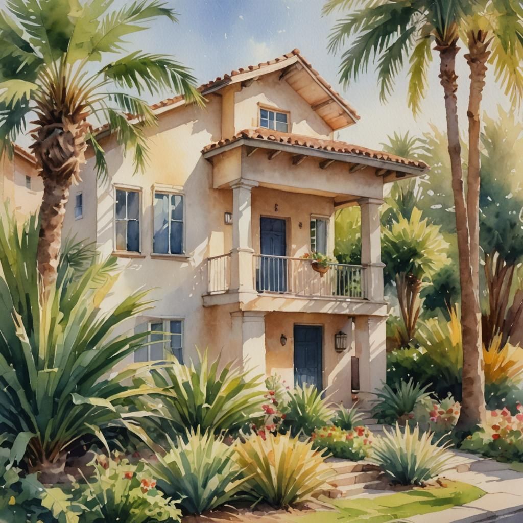 Watercolor Home in California Sunlight