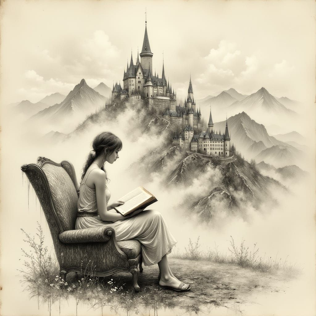 Surreal Pencil Drawing: Woman Reads Book of Castle