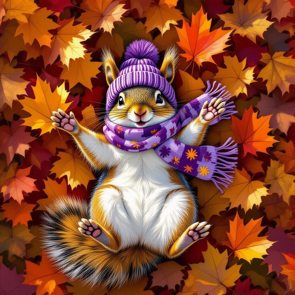 Squirrel in Autumn Leaves Wearing Hat and Scarf