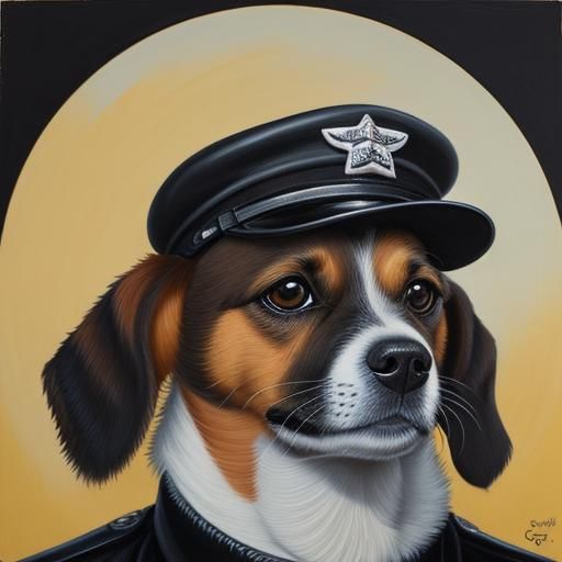 A jack russell dog wearing a black pilot hat