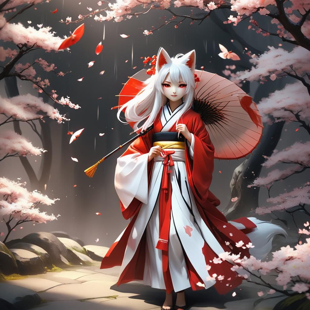 Beautiful Kitsune in Red Robe: Anime Style