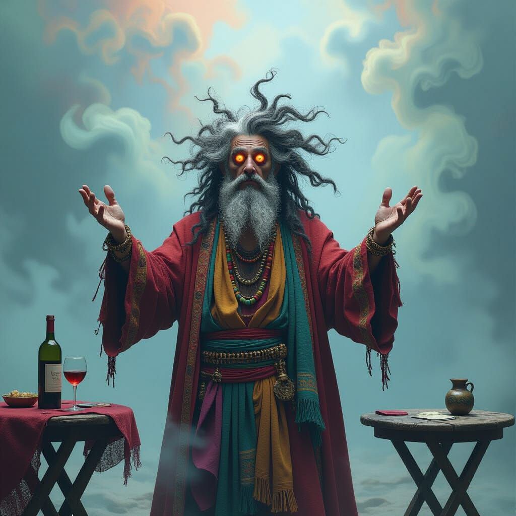 an image of a psychedelic holy-man. His arms are raised at h...