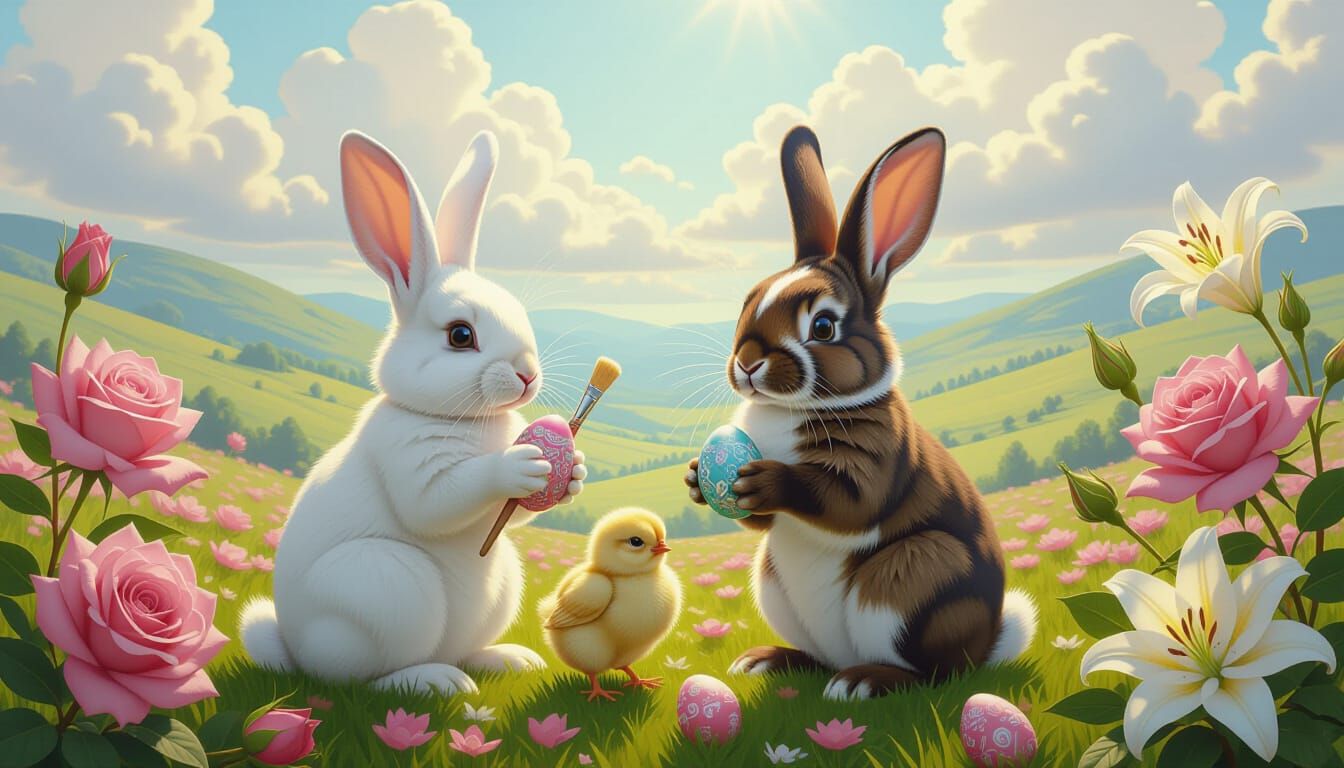 Realistic Rabbits and Chicks Painting Easter Eggs