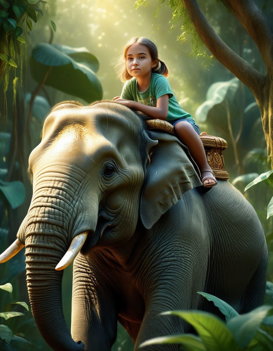 Cute Girl and Elephant in Vibrant Oil Painting Style