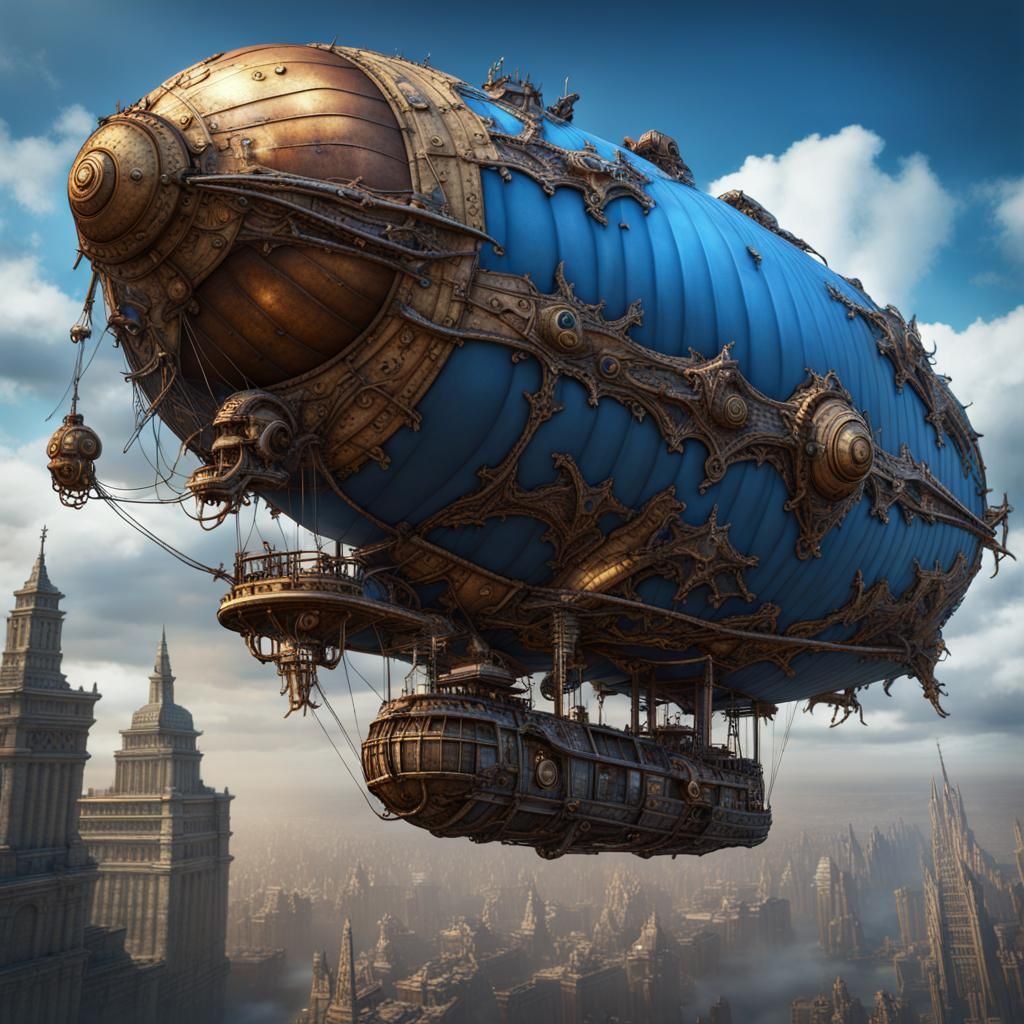 Blue Dragon Attacks Steampunk Blimp in Apocalyptic Scene