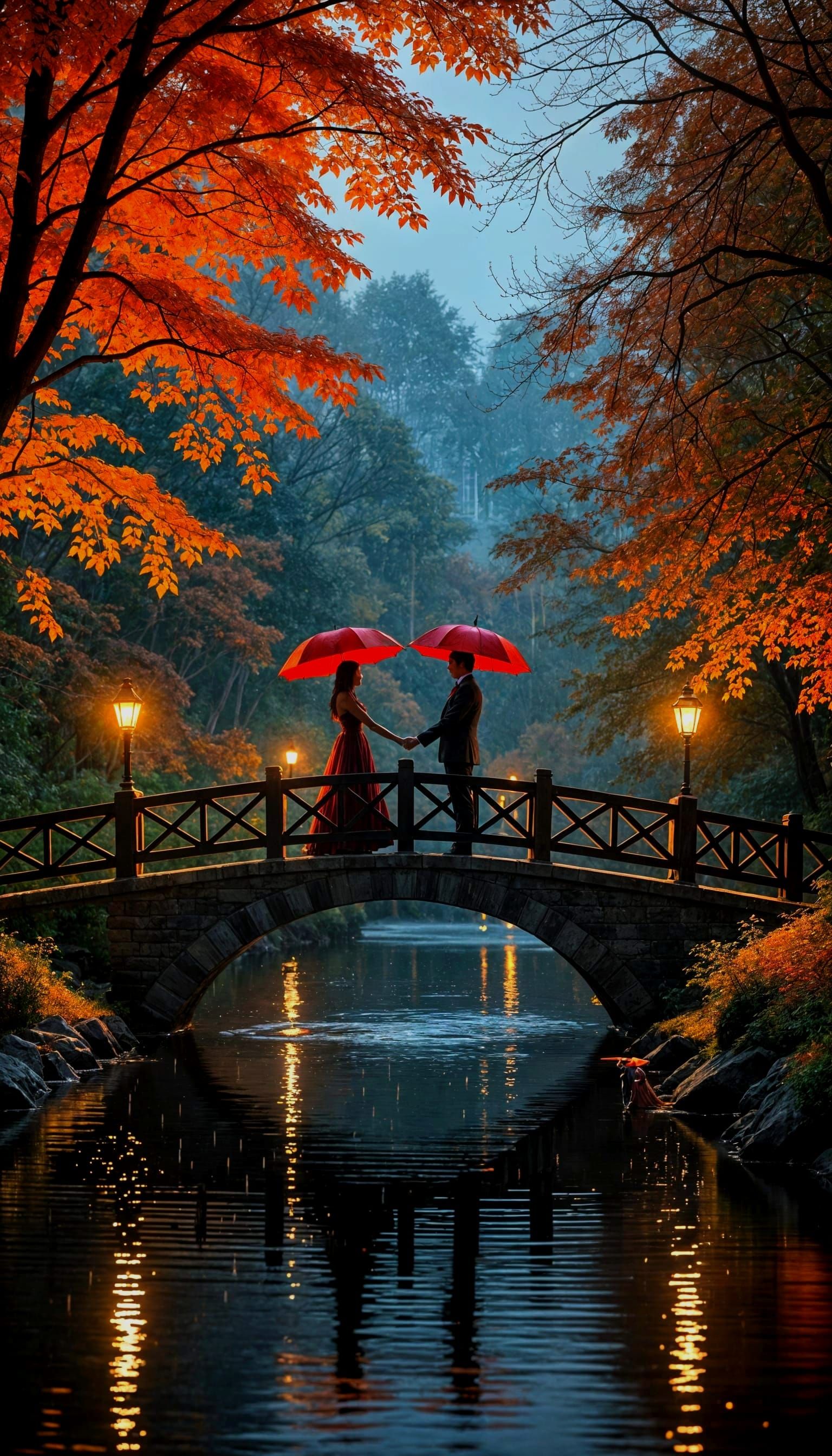 Romantic Autumn Night on Stone Bridge
