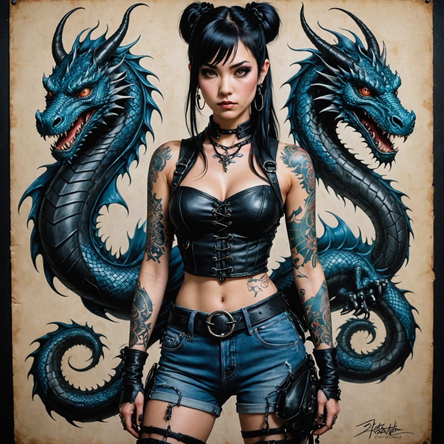 Goth Female with Dragon Tattoo in Rainy Shibuya