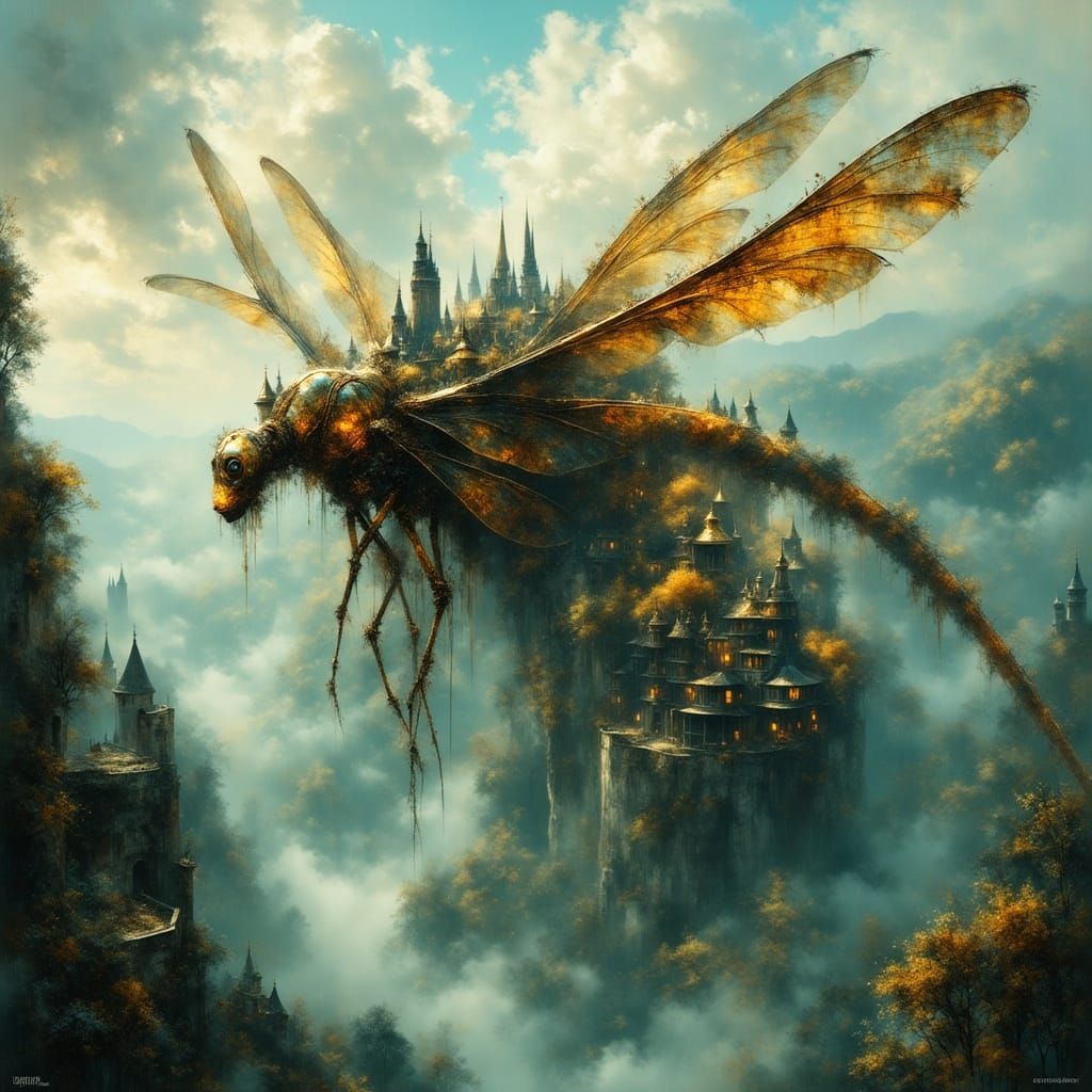 Steampunk Dragonfly City in Cinematic Style