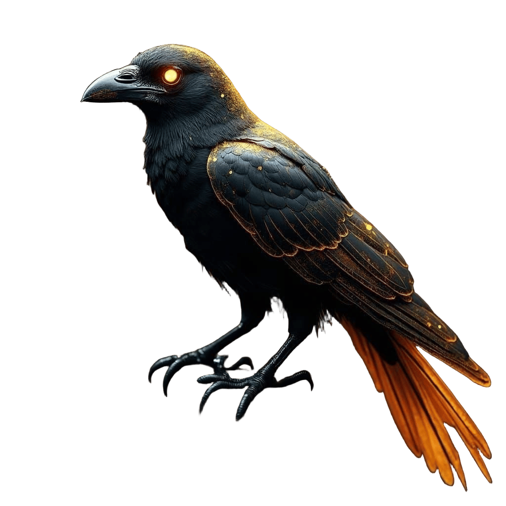 Golden Raven Perched on Branch Under Stormy Sky