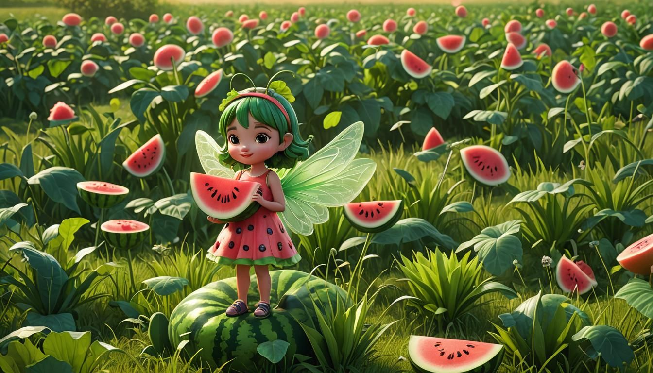 Watermelon Fairy in Grassy Field, 3D Digital Art