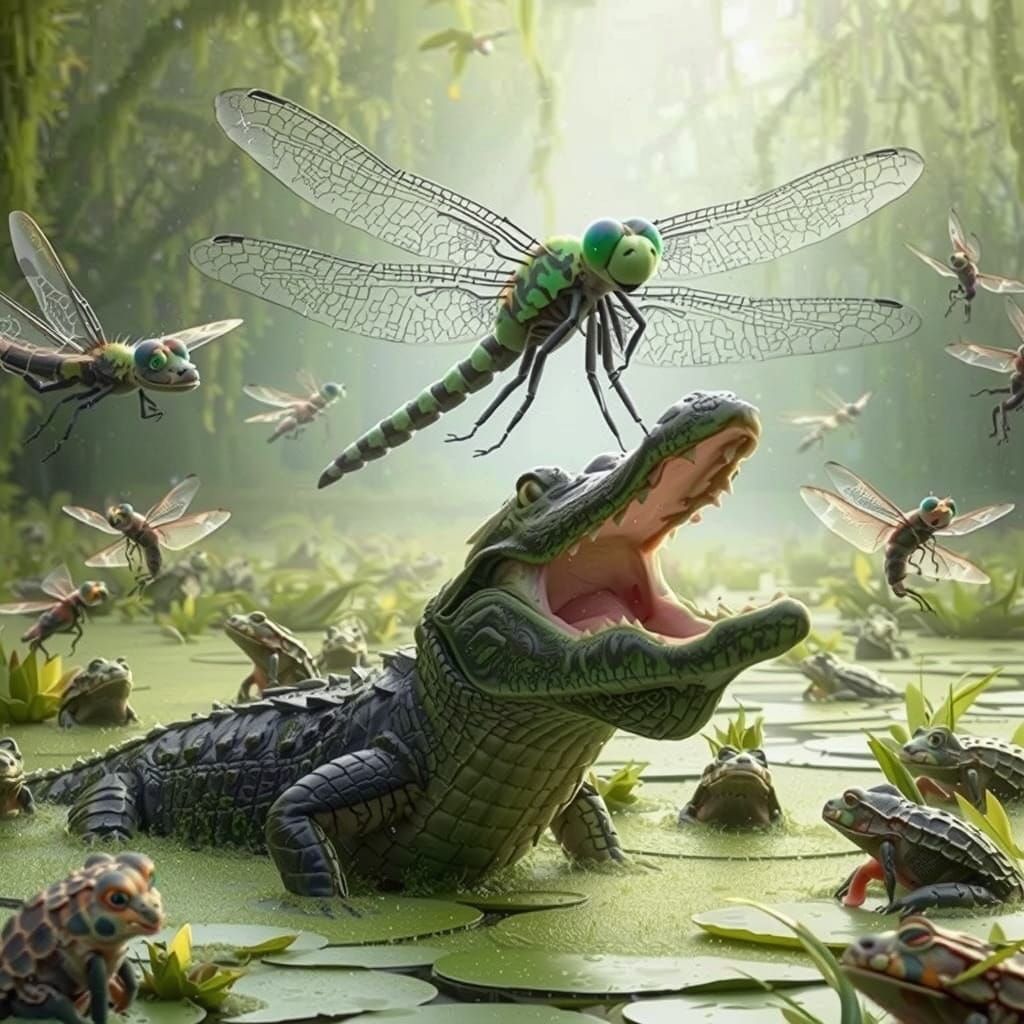 Alligator and Dragonfly in Digital Watercolor Style