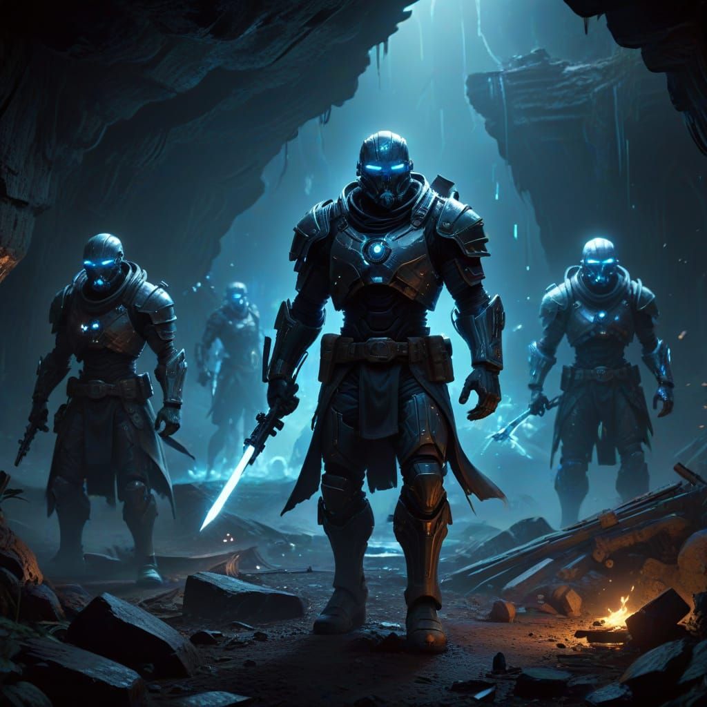 Cybernetic Rebels Stand Resolute in Dark, Surreal Hideout