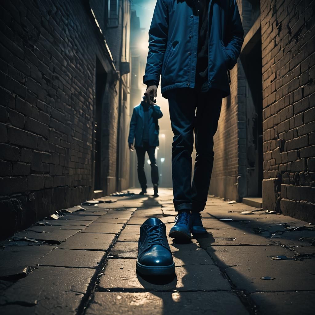Ominous Figure in Alley with Blue Shoe