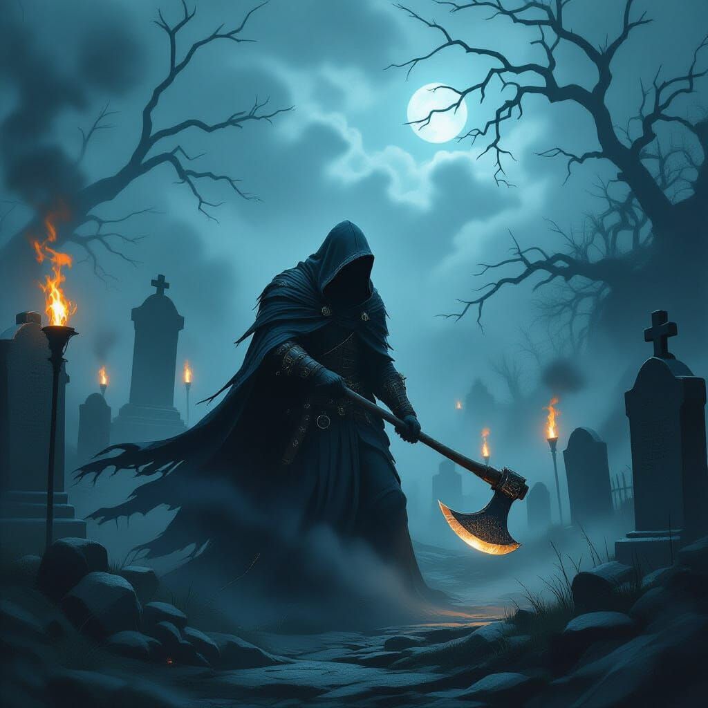 Mysterious Hooded Figure in Misty Graveyard with Axe