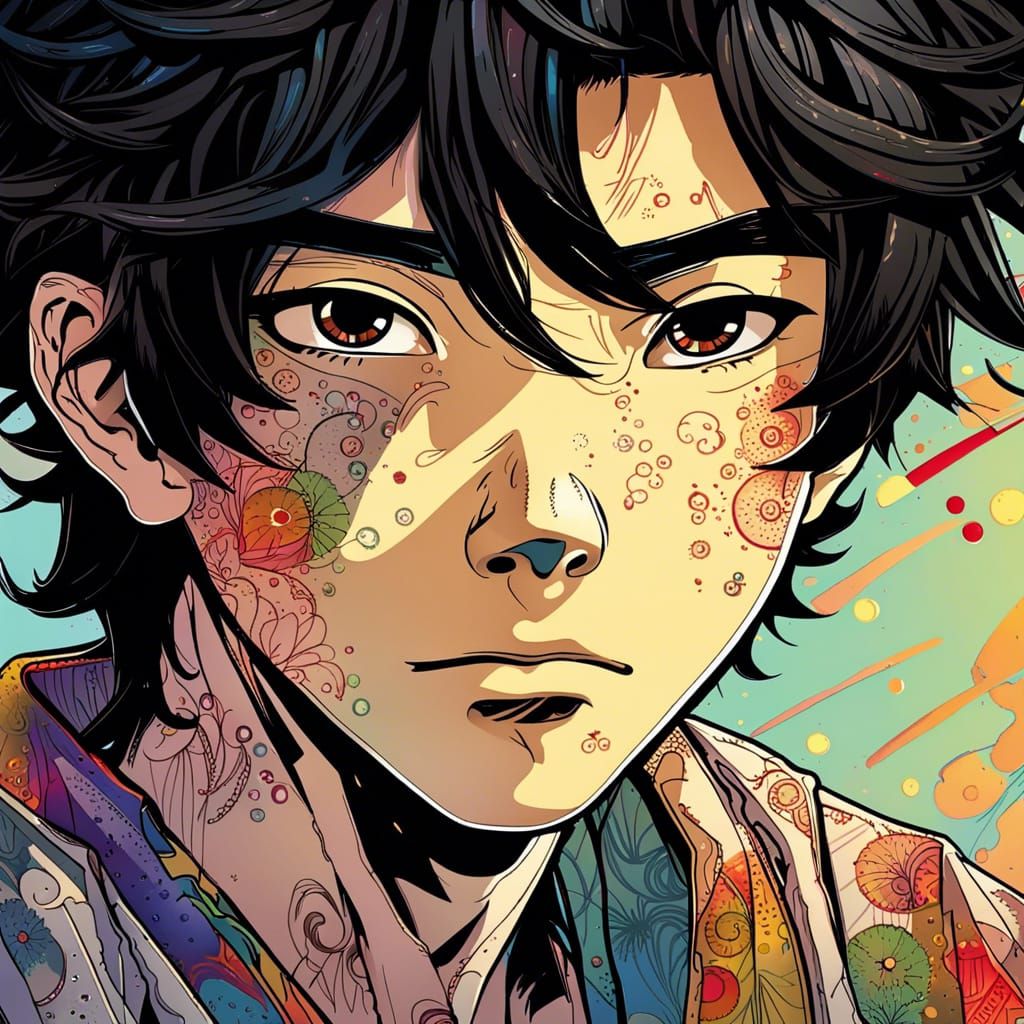 Japanese American Boy Portrait in Watercolor Style