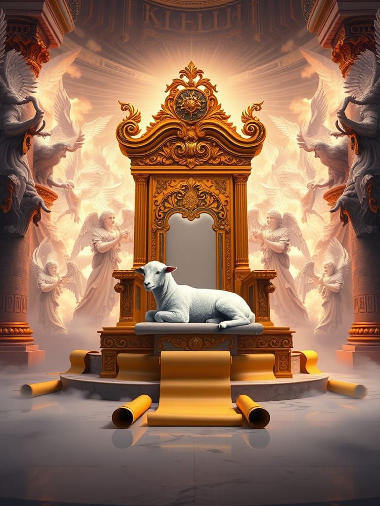 Lamb on Golden Throne in Ethereal Greek Hall