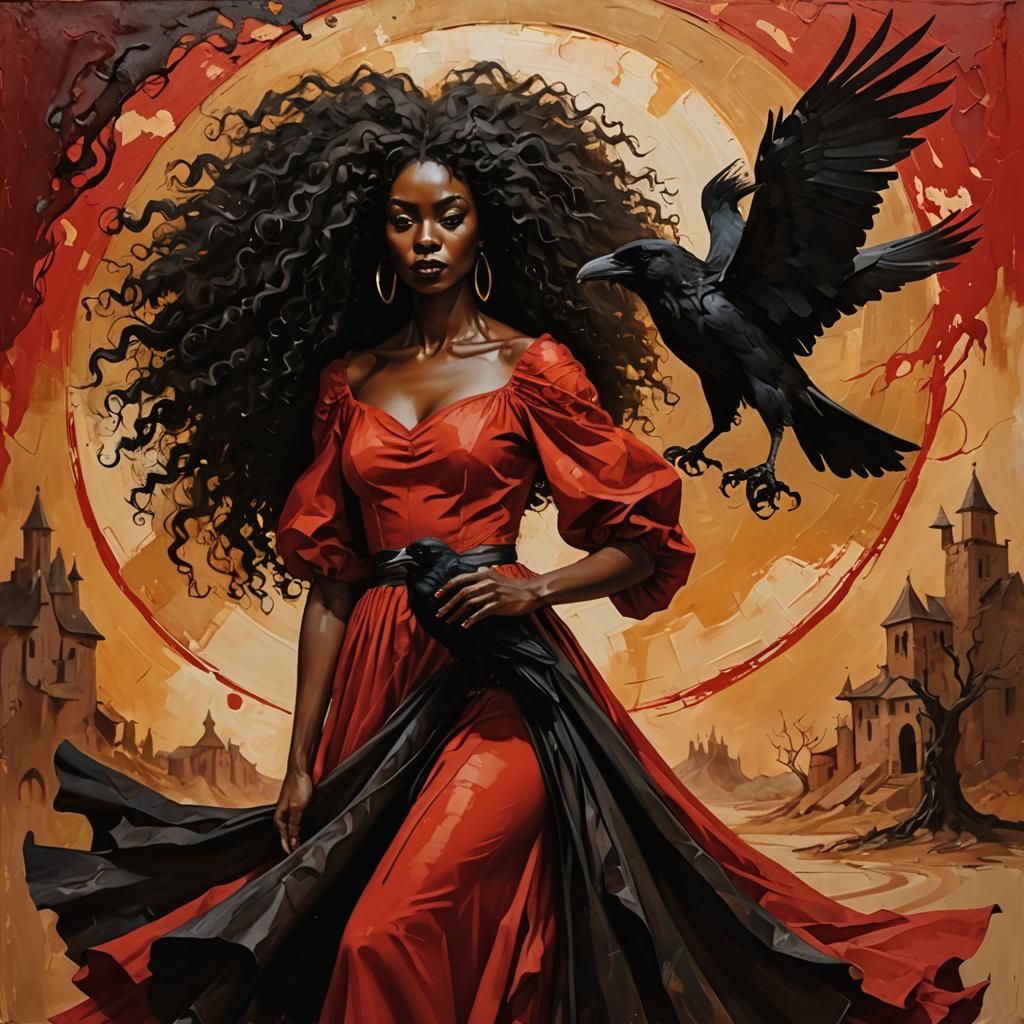 Afro-Surrealist Witch with Raven in Volumetric Lighting