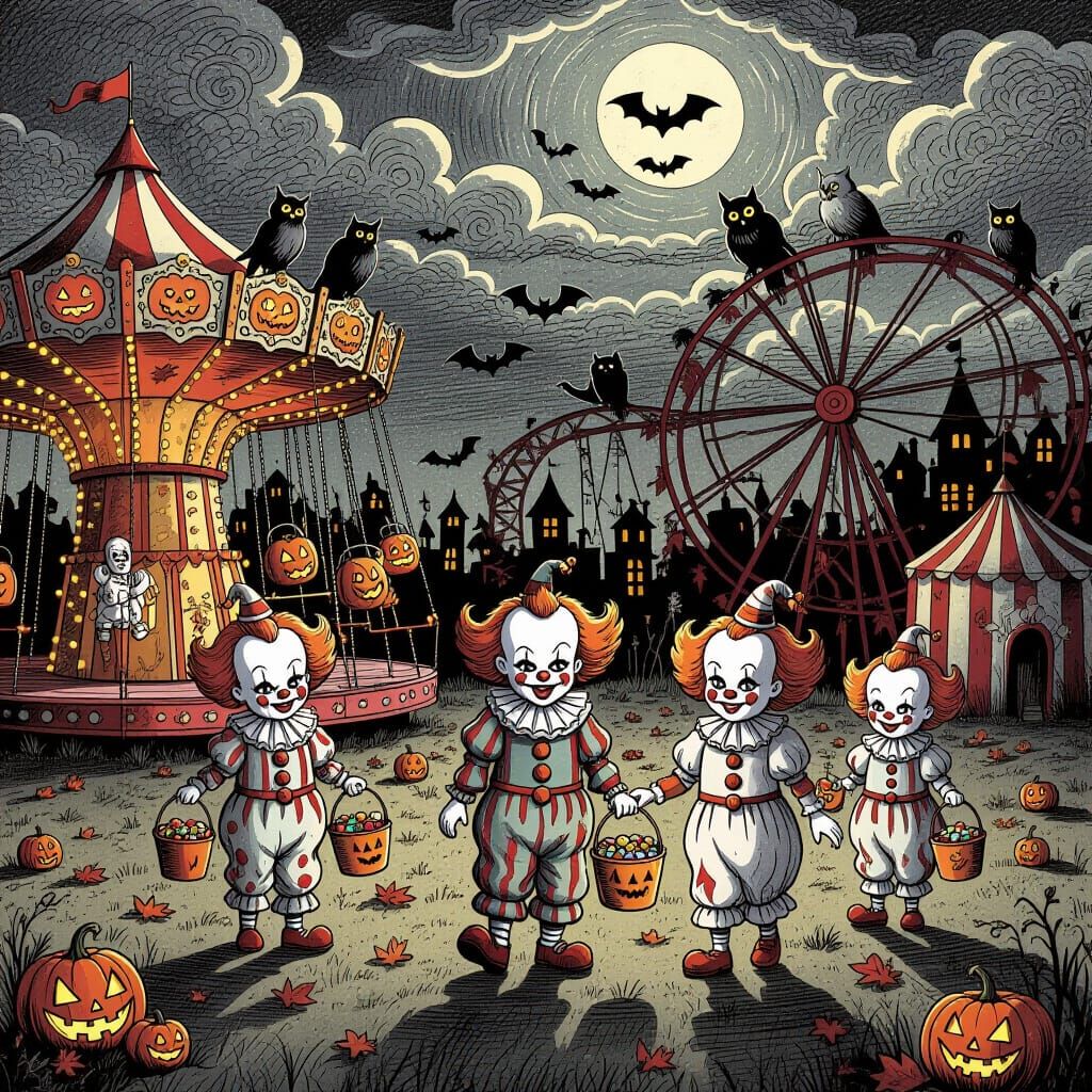 Spooky Abandoned Carnival at Night with Ghostly Children
