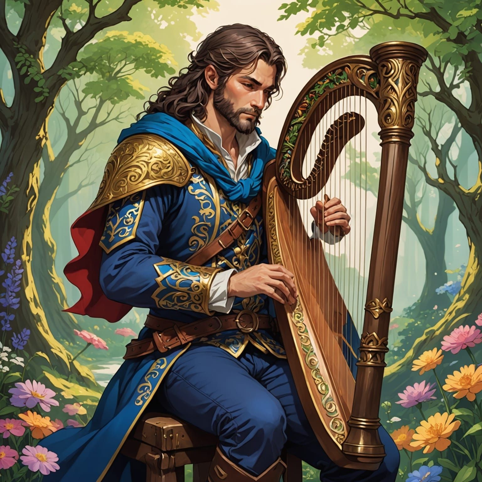 Anime Bard with Harp: Detailed Fantasy Art