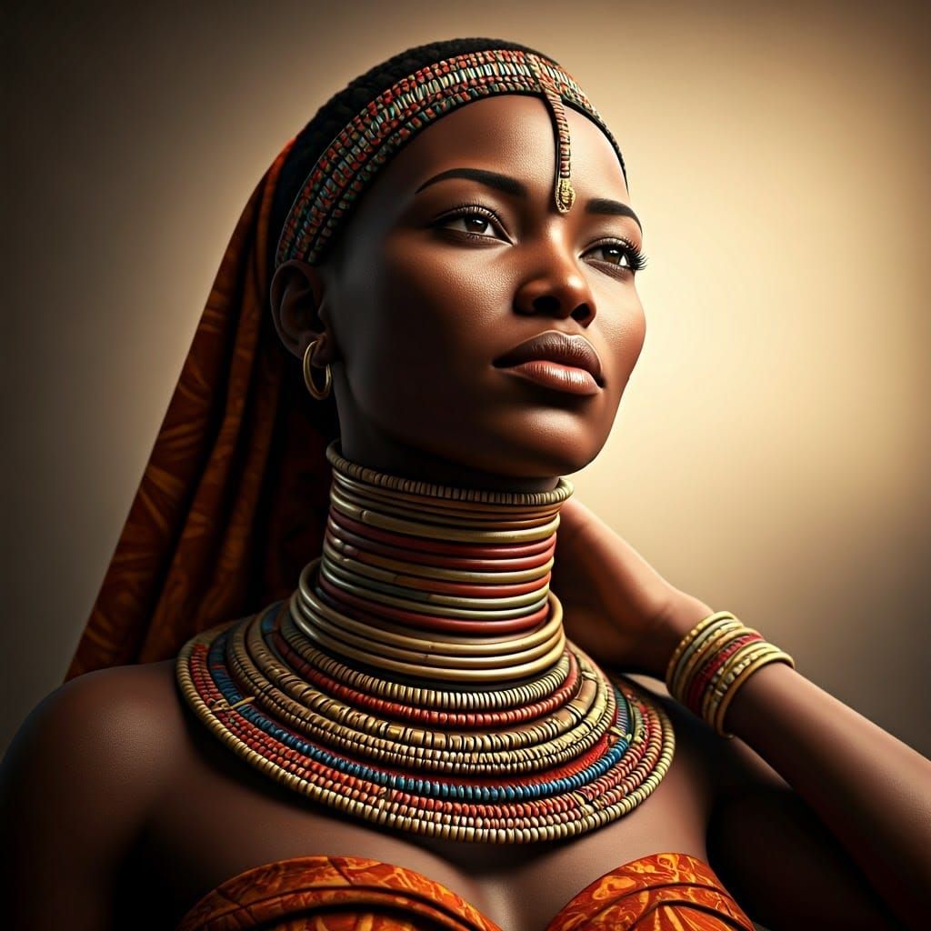 An African woman gracefully elongating her neck with multiple metallic rings, intricate details, cultural significance, ...