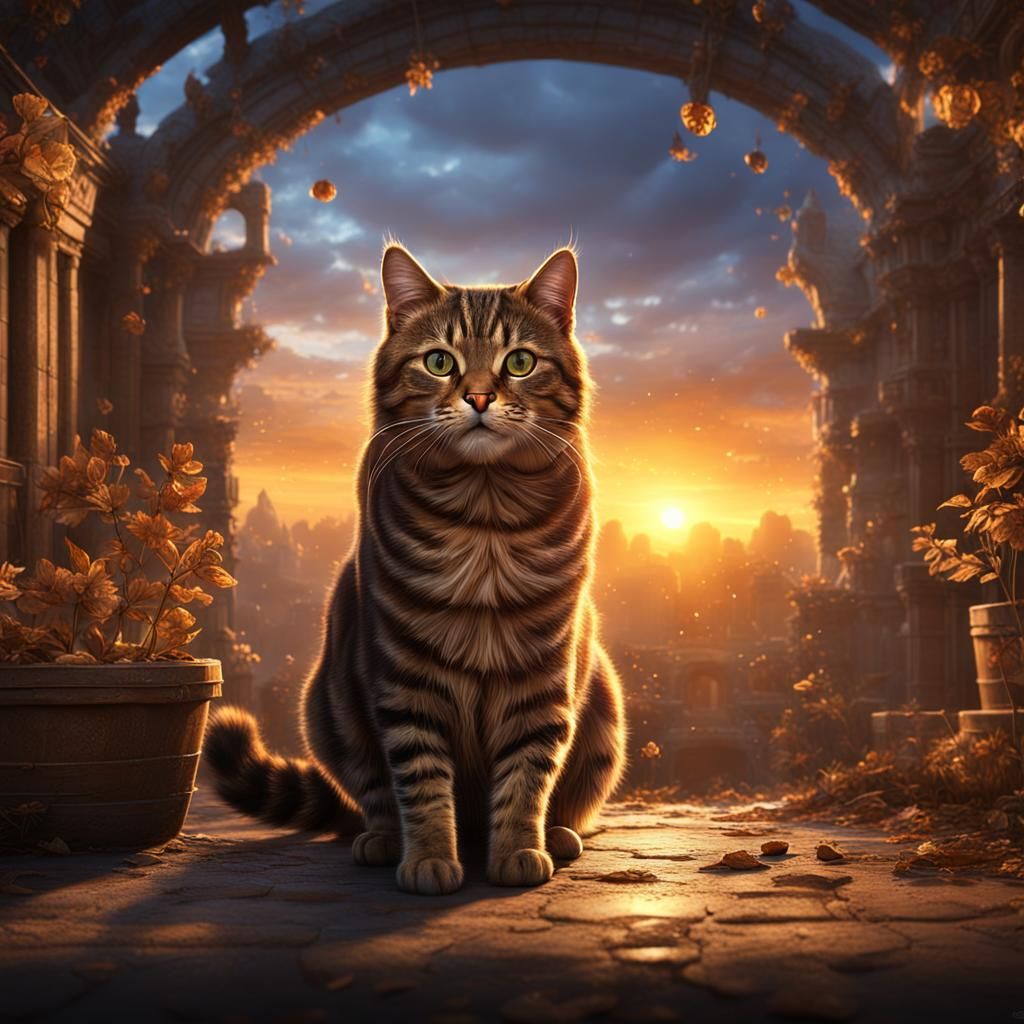 Sunrise Over Brown Tabby Cat: Detailed Matte Painting