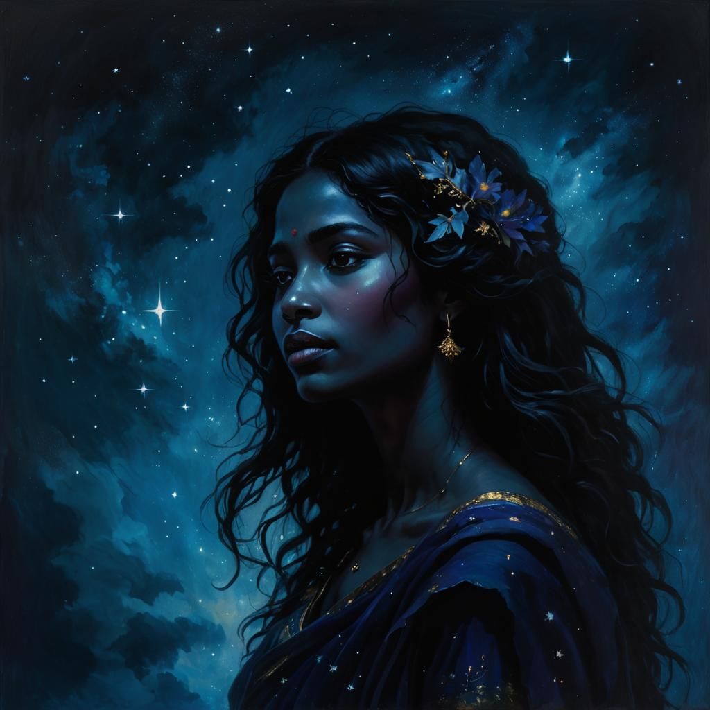 Hindu Night Goddess Blending into Starry Sky