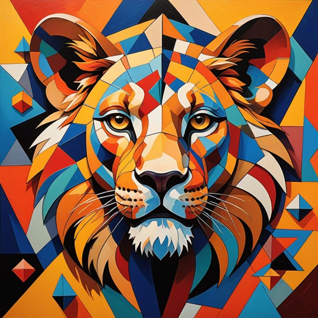Simba's Face in Abstract Cubist Style with Geometric Planes