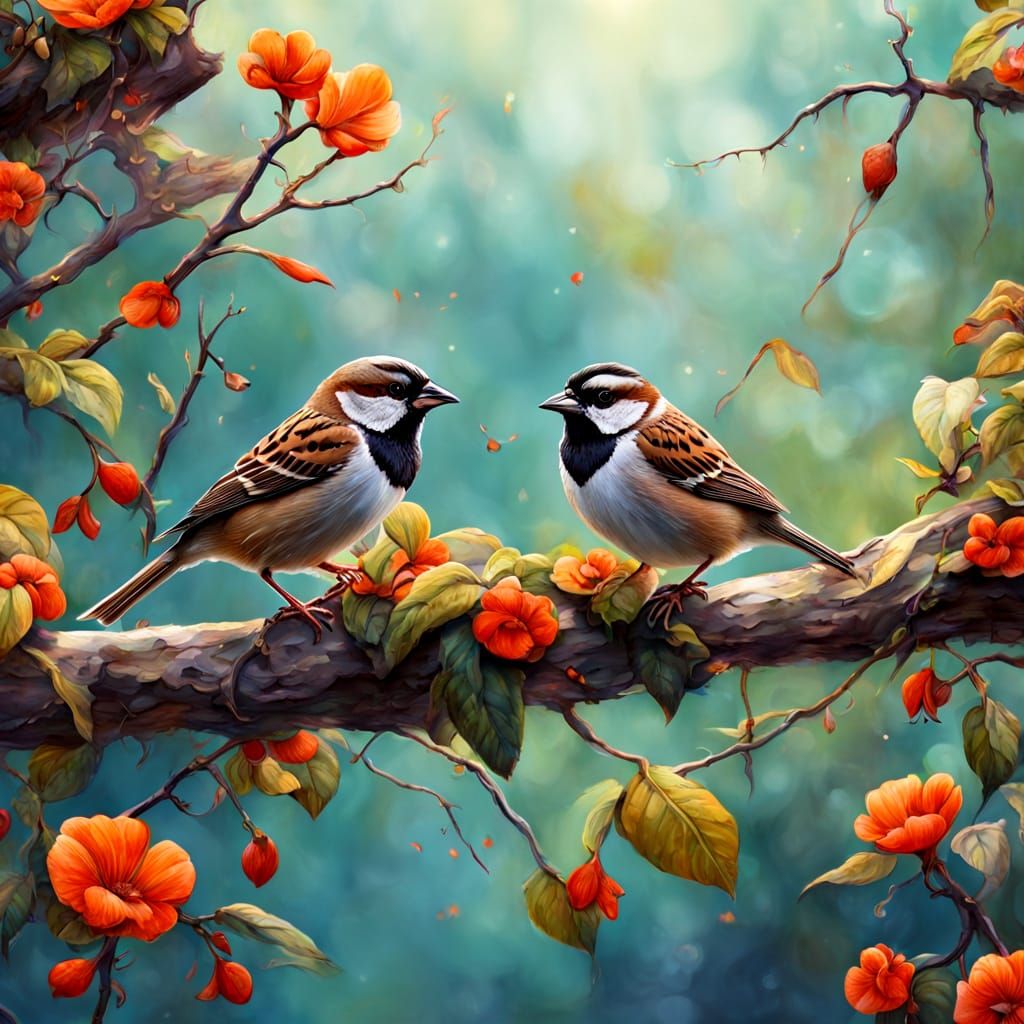 Whimsical Nature Scene with Fantastical Sparrows