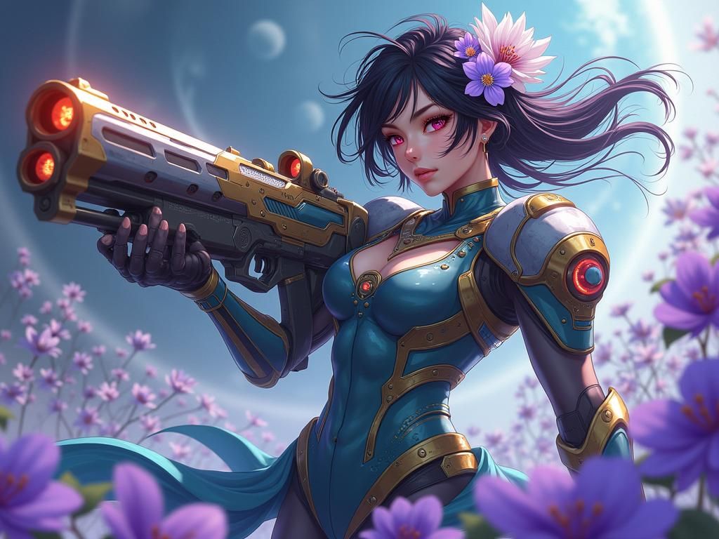 Japanese Samurai Woman in Chaotic Winds: Romanticism Paintin...