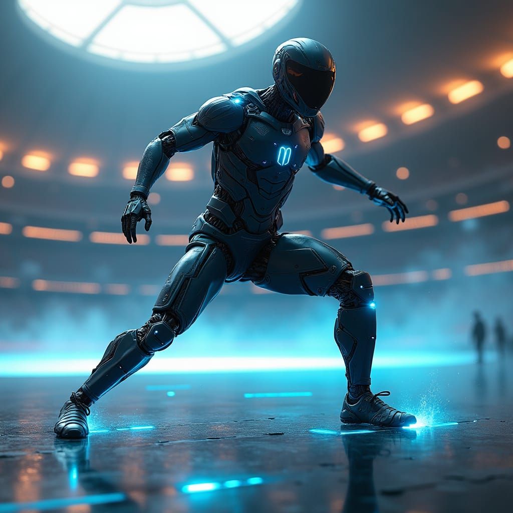Futuristic Footballer in Neon Stadium, Cyberpunk Style