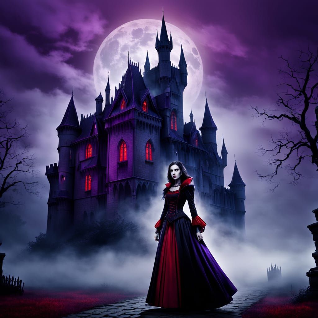 Gothic Castle Vampire at Night with Purple and Red Fog