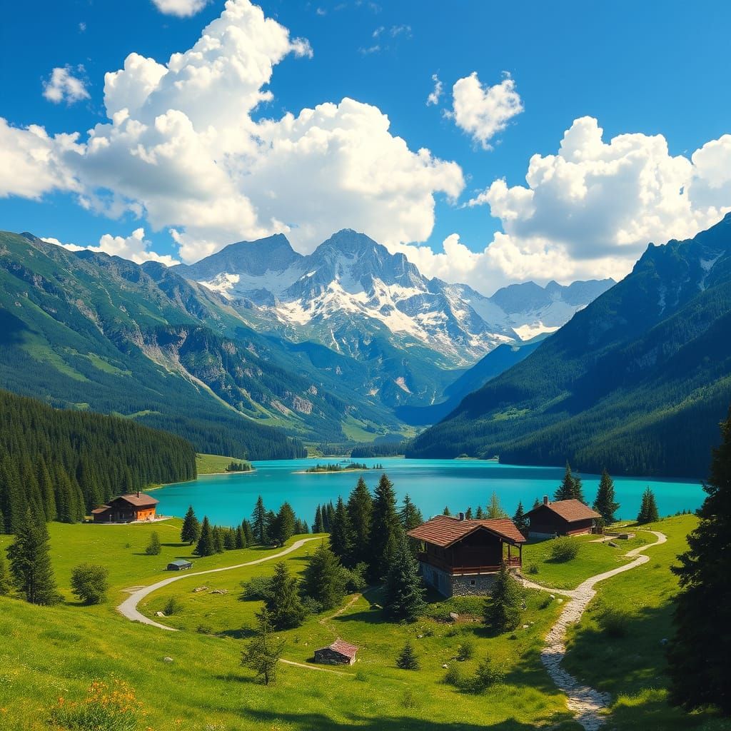 Serene Swiss Alps Landscape with Turquoise Lake and Lush For...