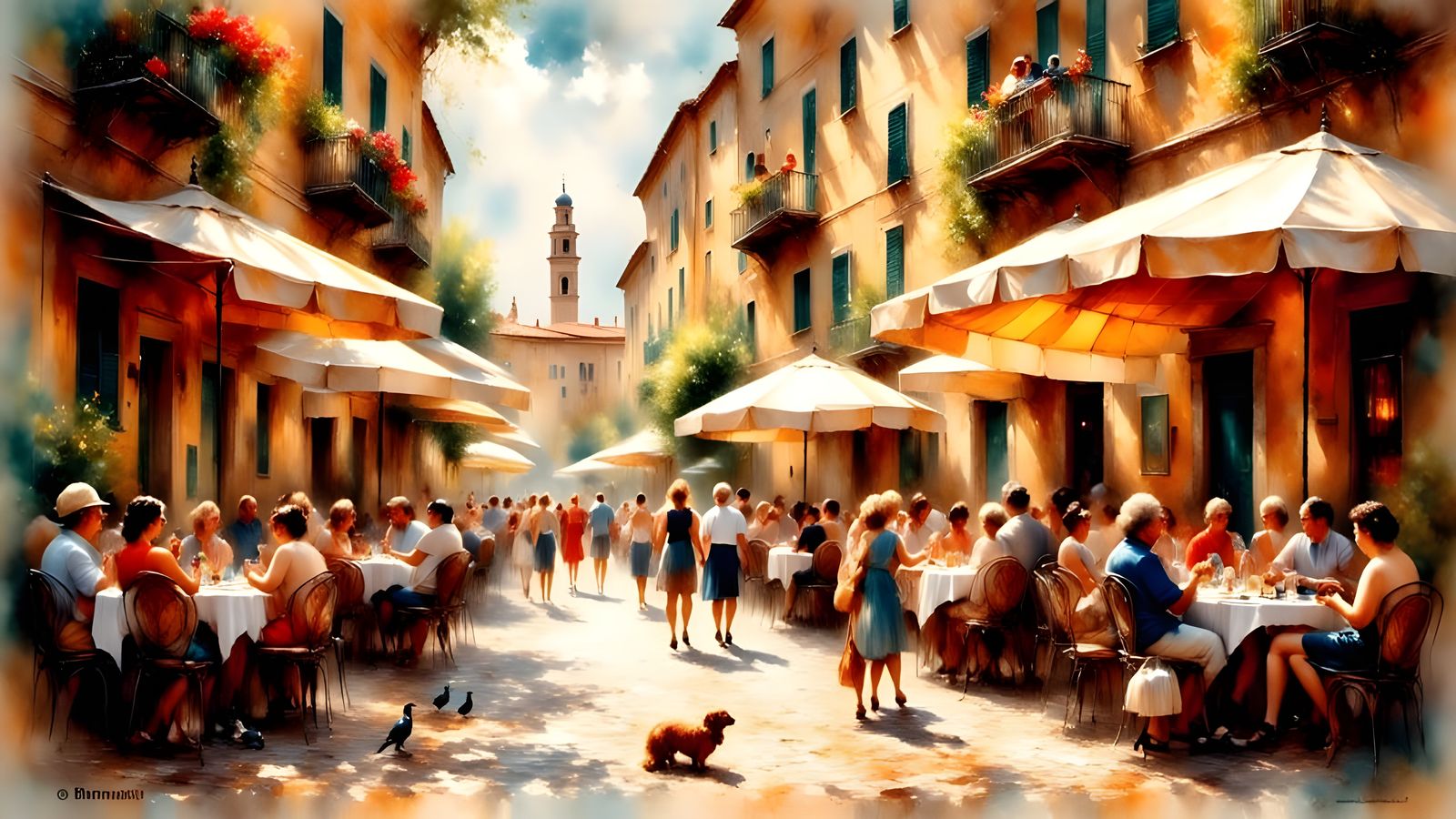 Vibrant Street Scene in Rome as Watercolor Painting