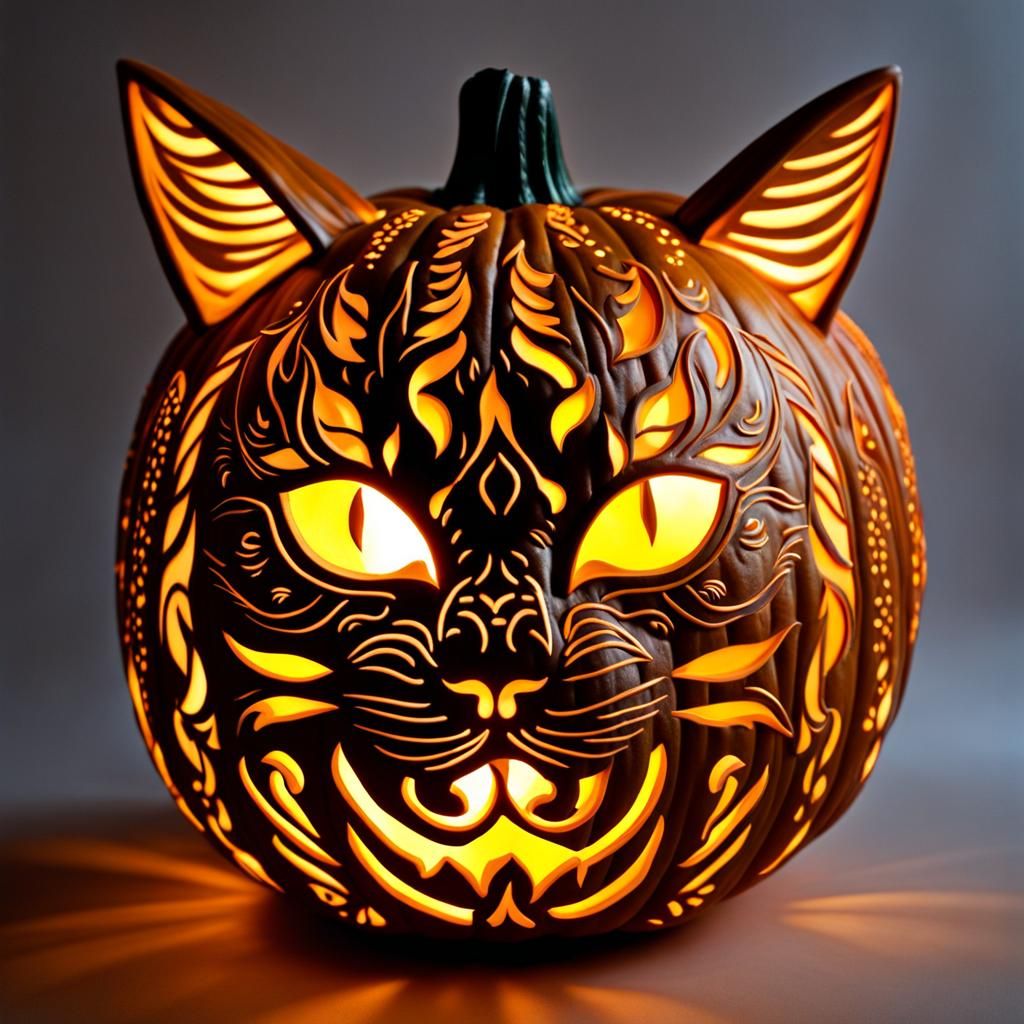 Ornate Jack O'Lantern Cat with Glowing Eyes