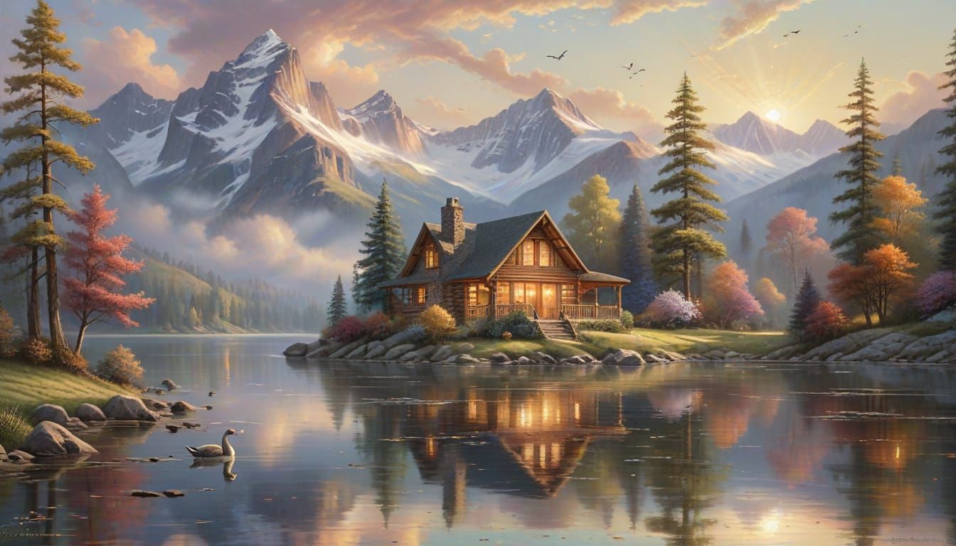 Serene Log Cabin Scene in Dreamy Watercolor Pastels