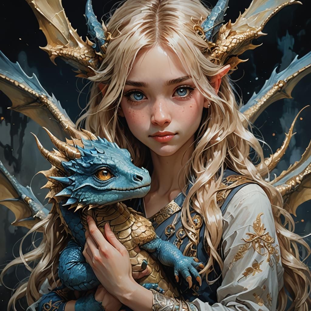 Girl Holds Chibi Dragon in Watercolor Painting