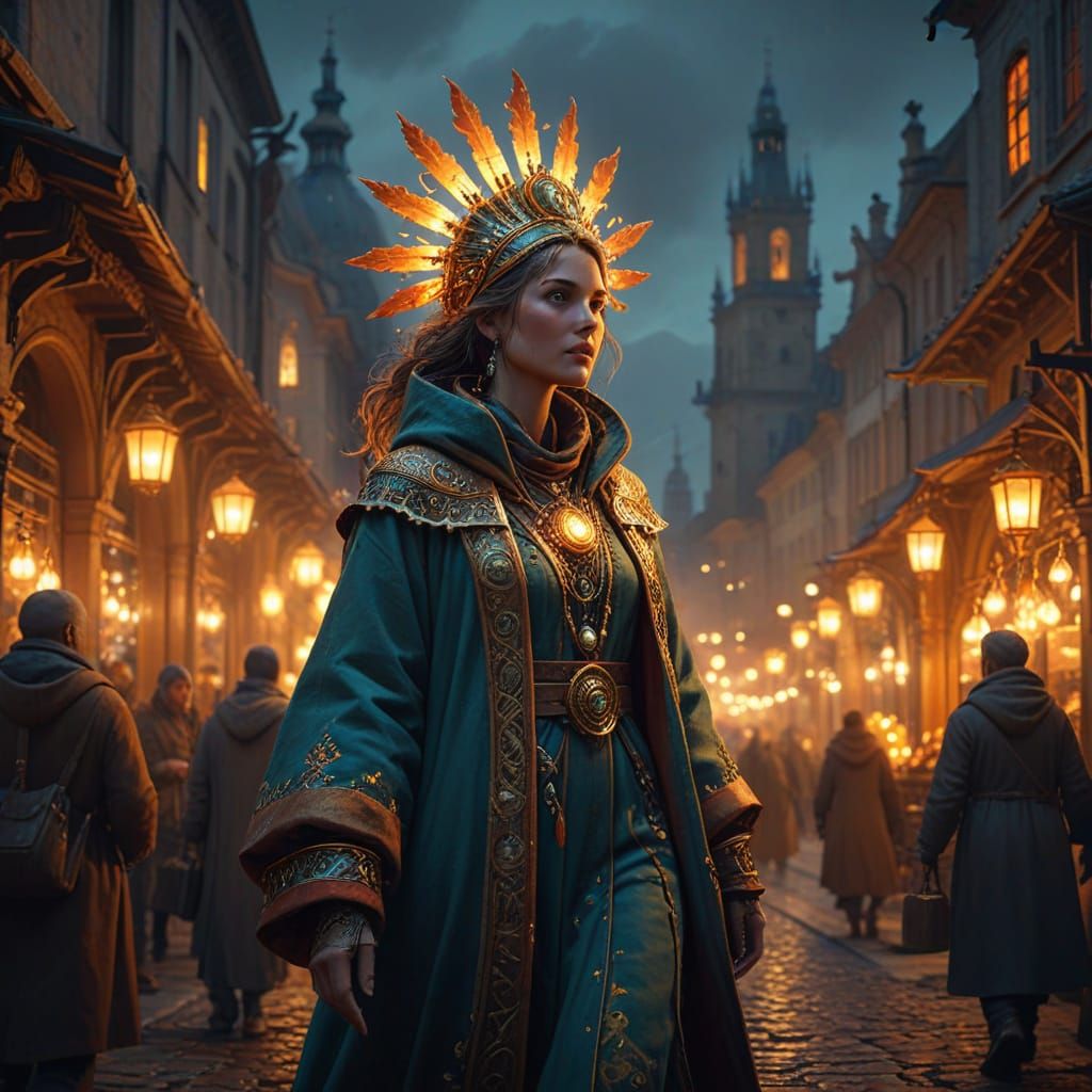 Woman in Ornate Coat Walks through Prague Market Square at D...