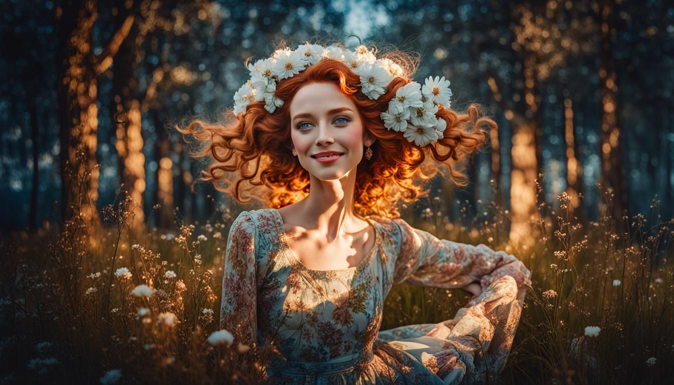 Beauty Queen Portrait in Sunny Flower Meadow