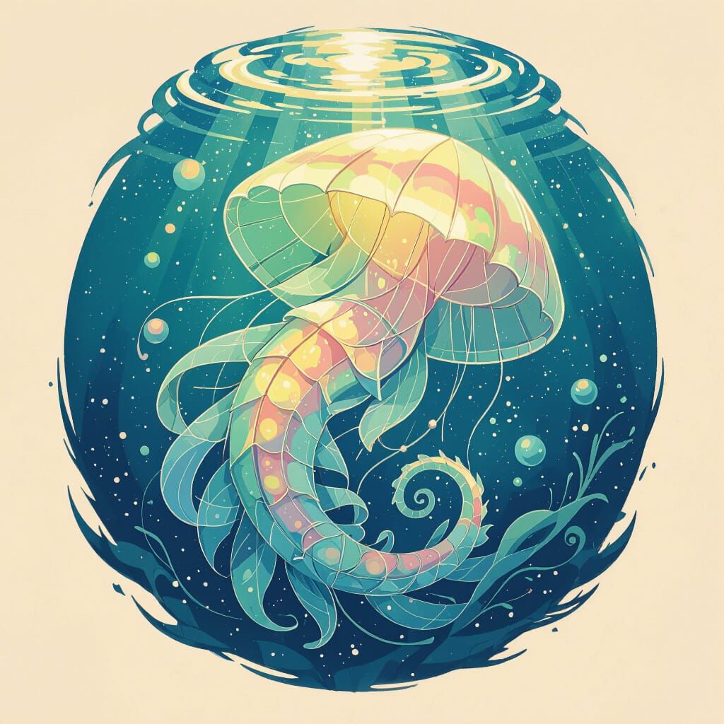 Iridescent Jellyfish in Water with Fluid Lines