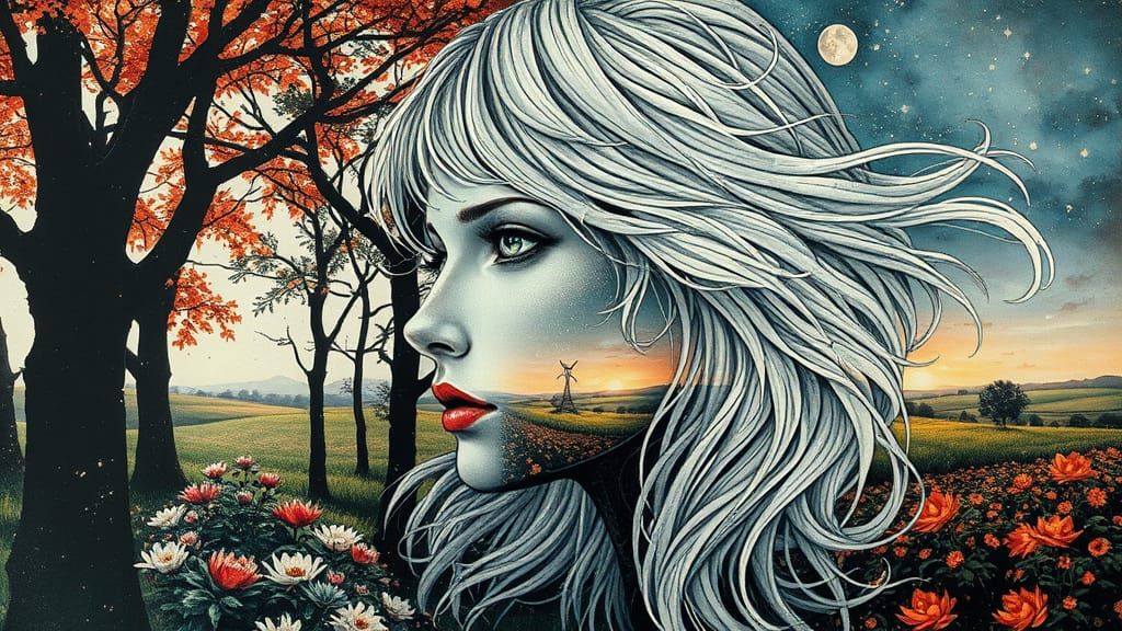 Ethereal Woman Silhouette with Nature Elements Double Exposu...