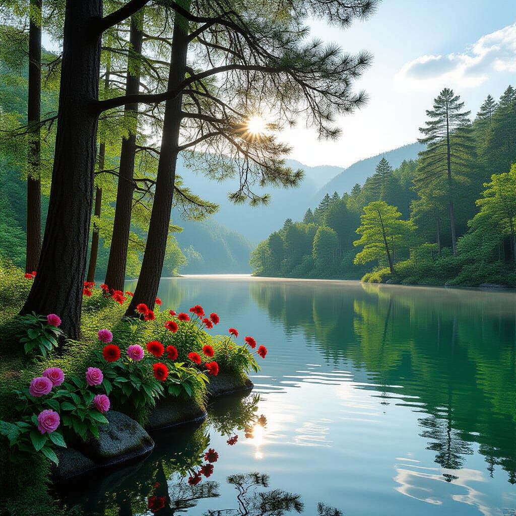 Vibrant Nature Scene with Trees, Water, and Flowers