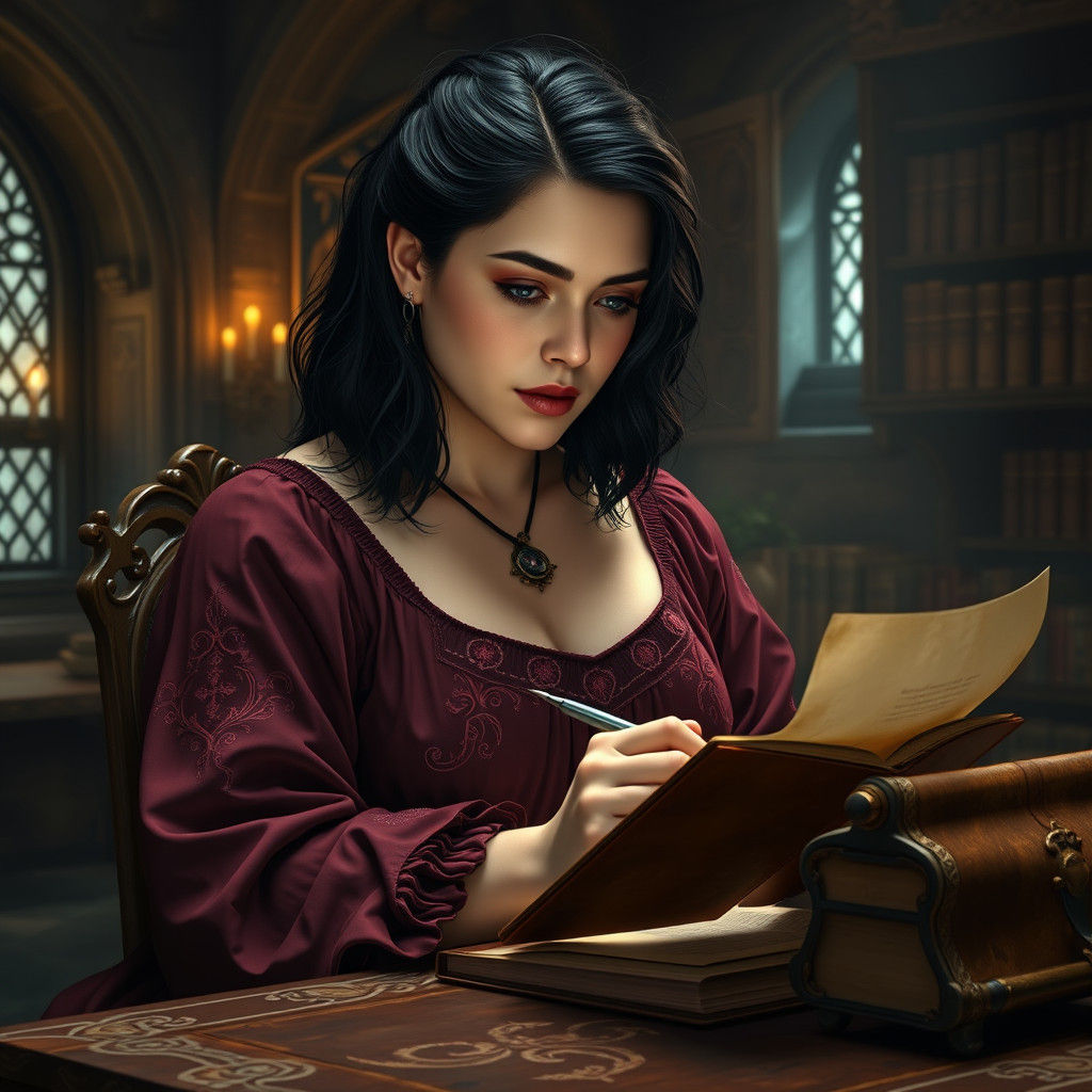 Medieval Woman Writing in Chamber, Fantasy Art