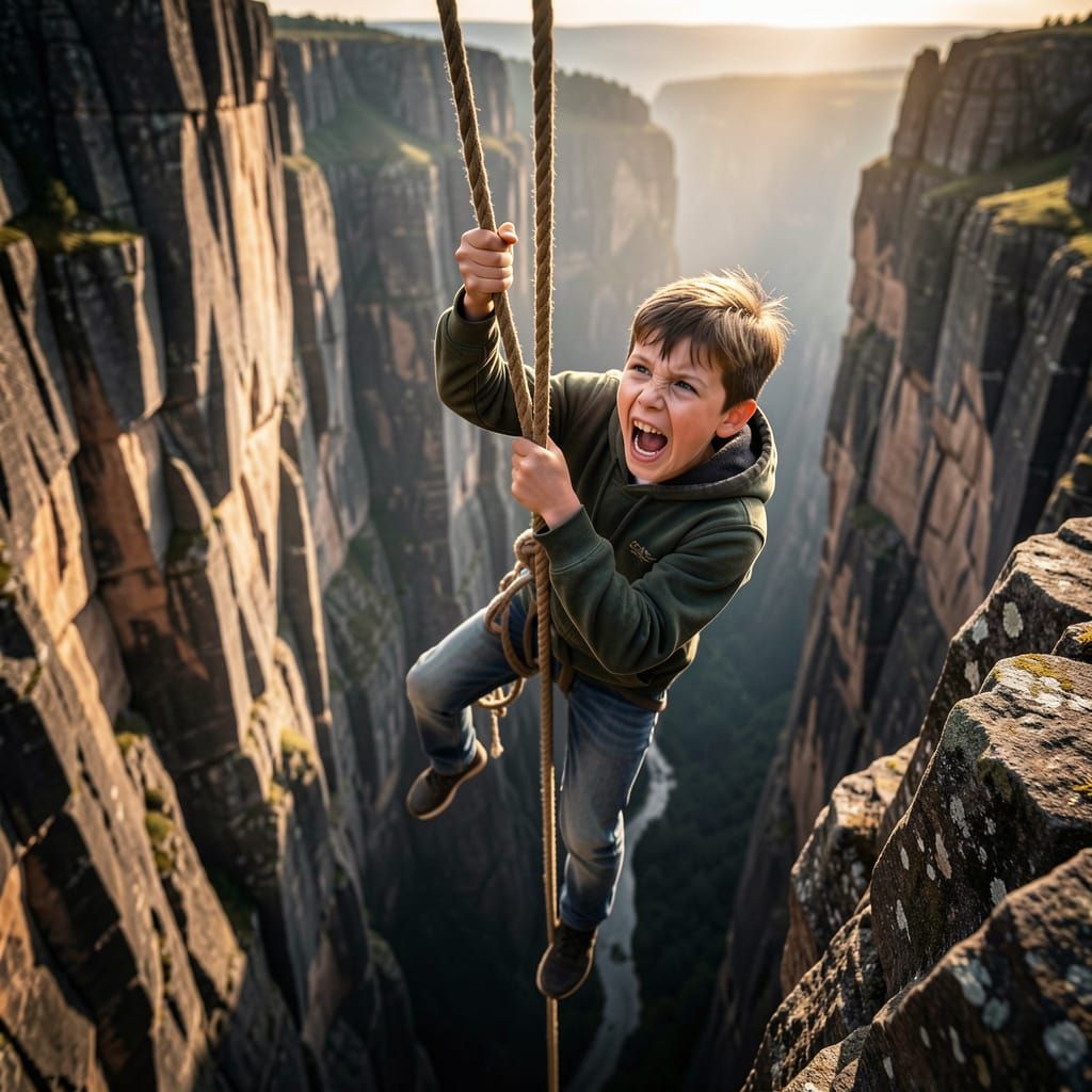 Boy Gripping Rope Over Abyss, Photorealistic Cinematic Shot