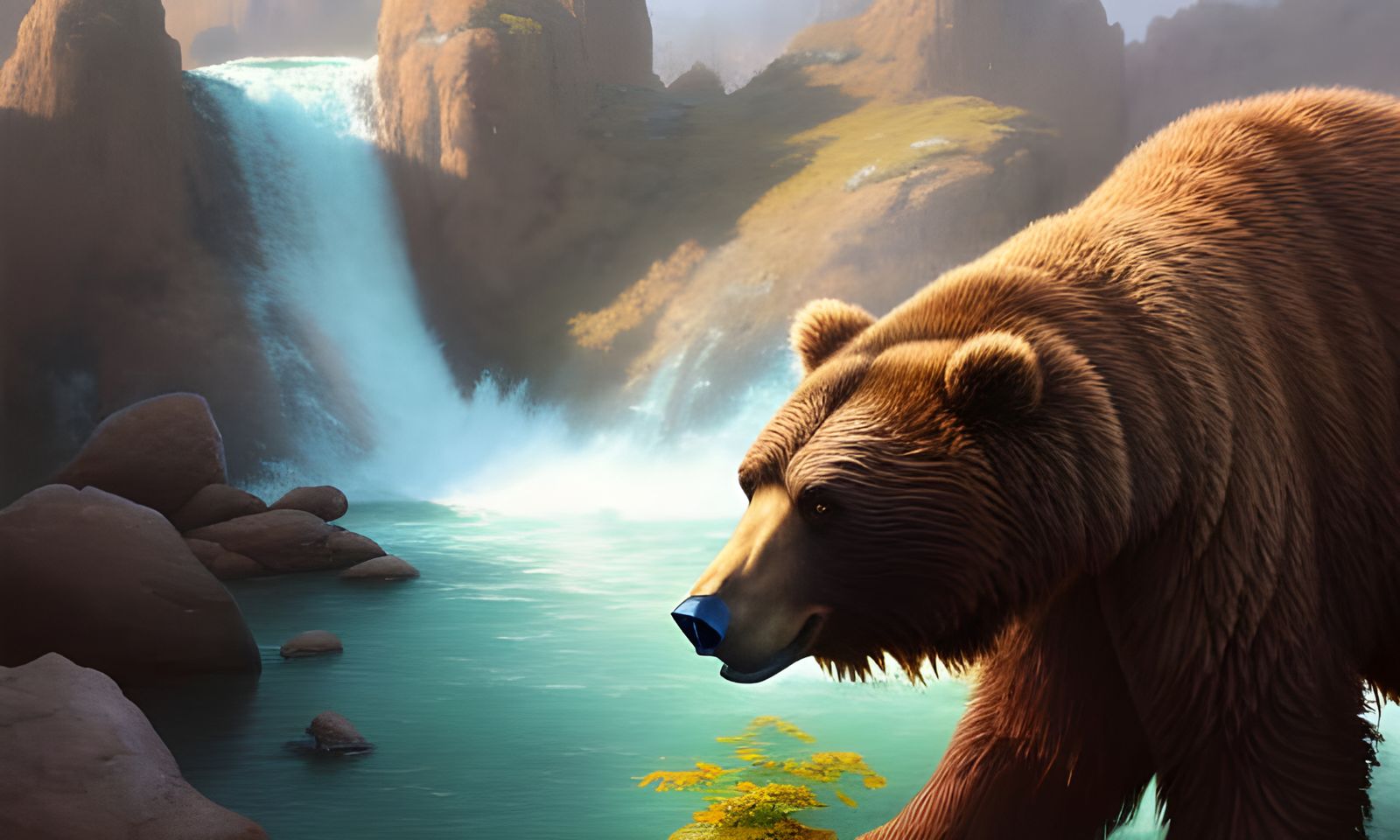 Majestic Brown Bear Waterfall Scene, Digital Art