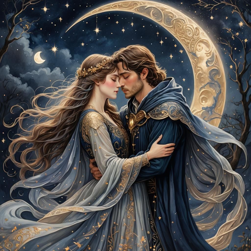 Fantasy Lovers Embrace Under Starry Moonlit Sky