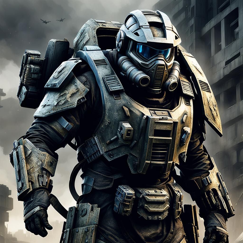 Halo Guardian: Battle-Hardened Soldier in War-Torn Landscape