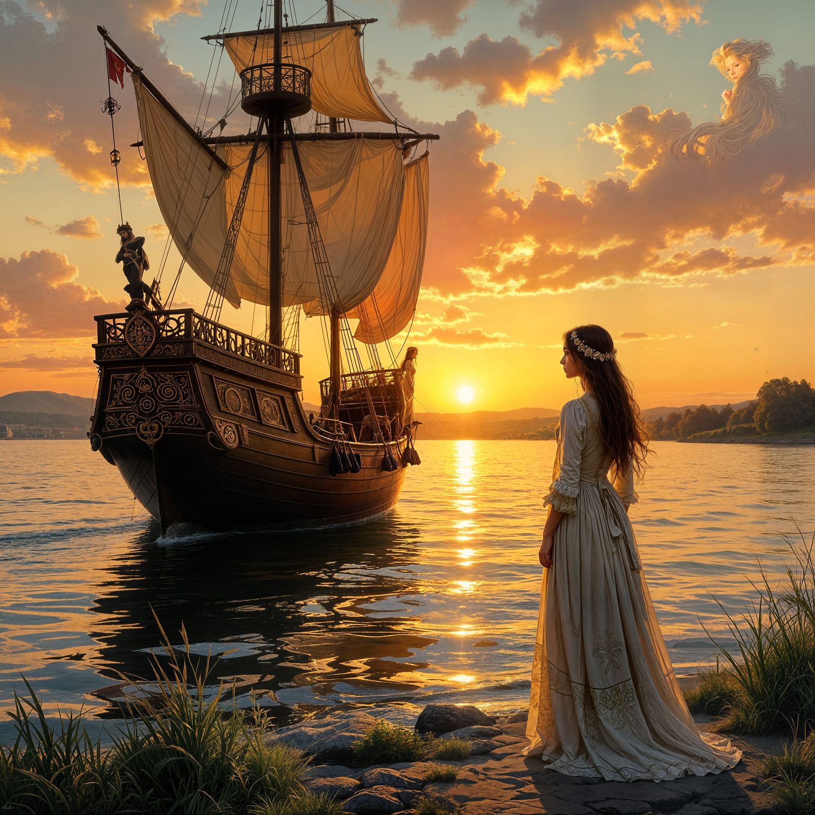 Riverside Maiden Awaits Ship in Golden Sunset